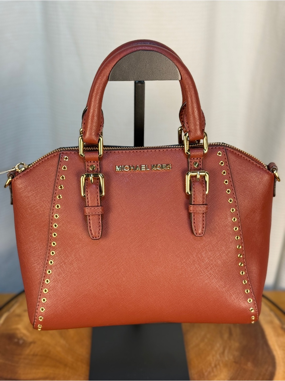 Michael Kors Ciara Grommet Brick Red Saffiano Leather Satchel Crossbody Bag EUC - Picture 11 of 16